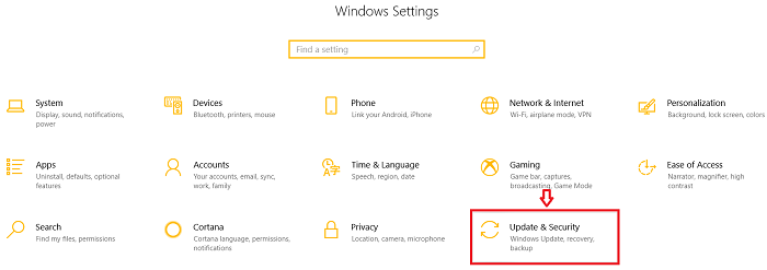 Chọn Update & Security trong Windows Settings