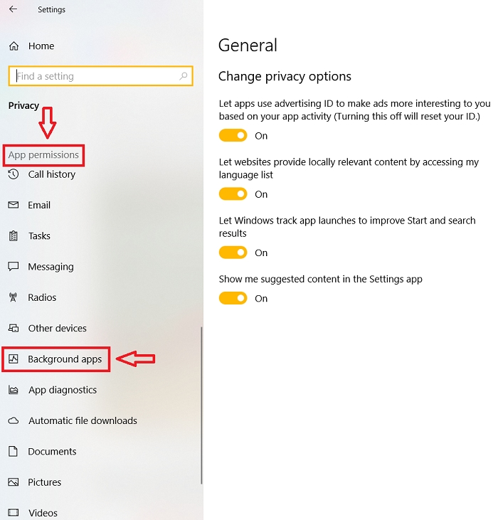 Chọn Backgroud apps để kiểm tra các ứng dụng chạy nền trên Windows 10