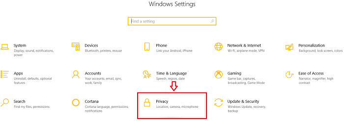 Chọn Privacy trong Windows Settings