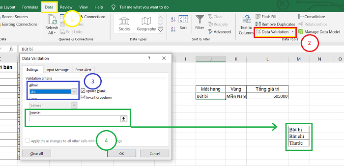 Bảng Data Validation