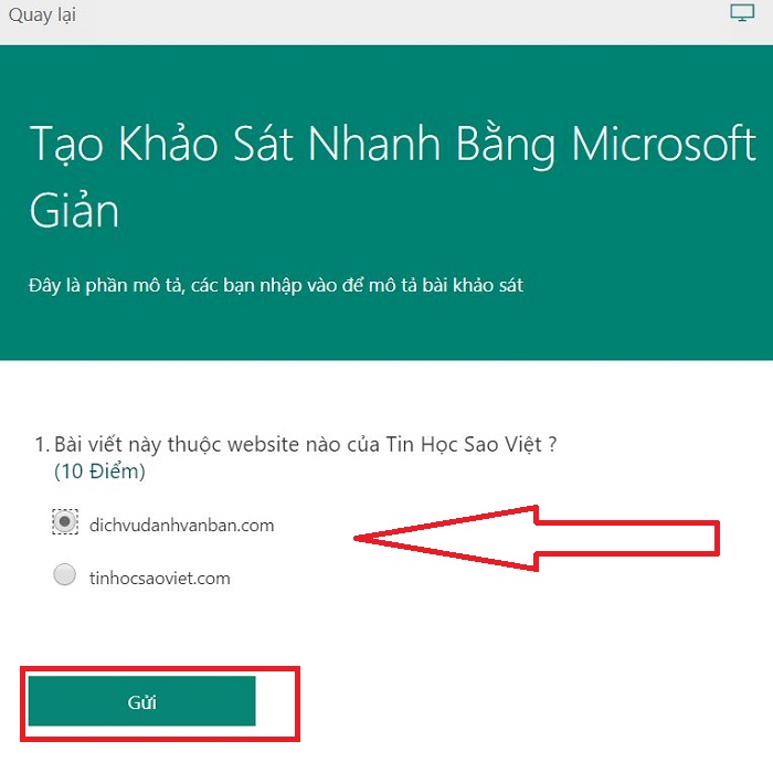 xem thử bài khảo sát trên PC