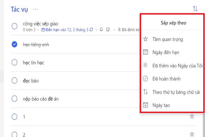các tùy chọn để sắp xếp