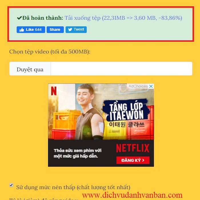 Tải file output sau khi nén thành công