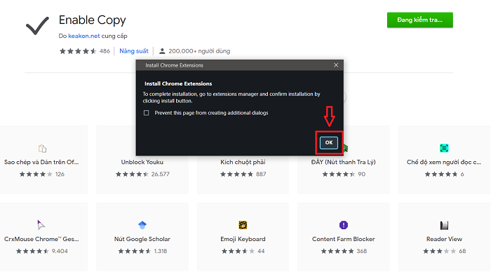 Nhấn OK trong hộp thoại Install Chrome Extension