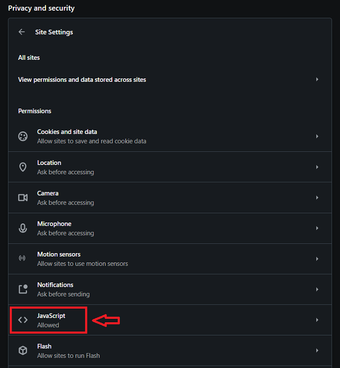 Chọn thẻ JavaScript trong Site Settings