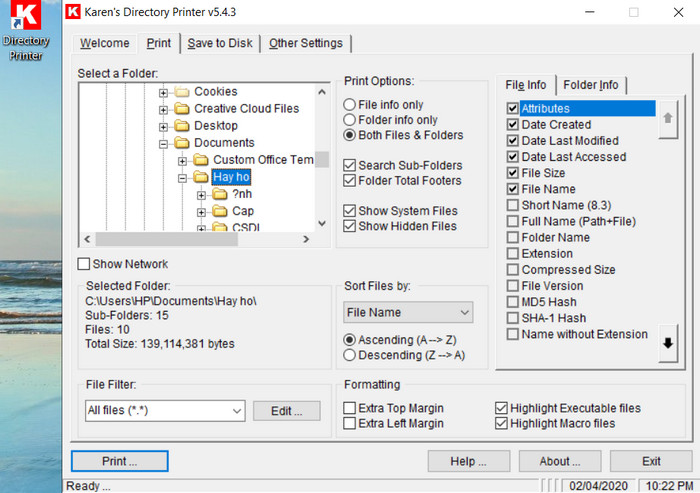 phần mềm Karen's Directory Printer