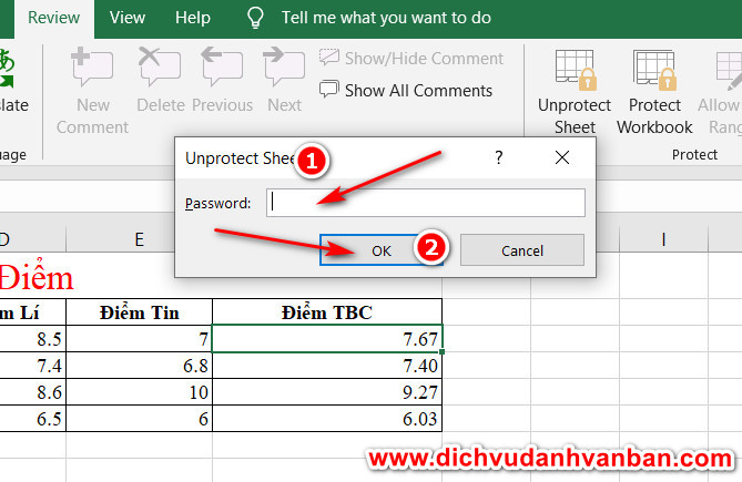 Trong menu Review click chọn Unprotect sheet