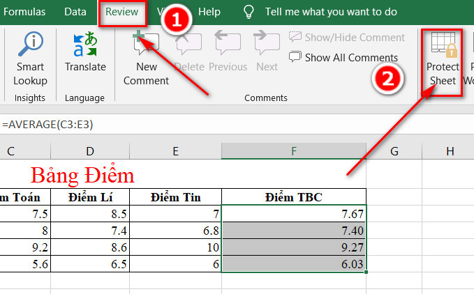 Trong menu Review chọn Protect sheet
