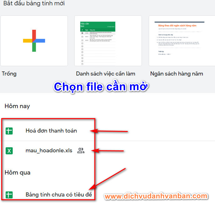 mở file Google sheet cần sử dụng