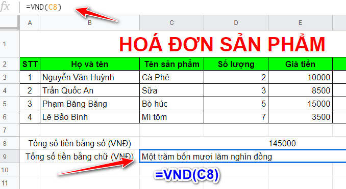 kết quả sử dụng hàm