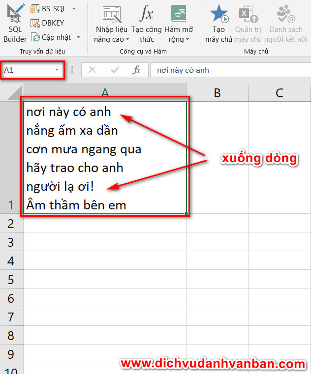 các chuỗi trong 1 ô cách nhau bởi xuống dòng