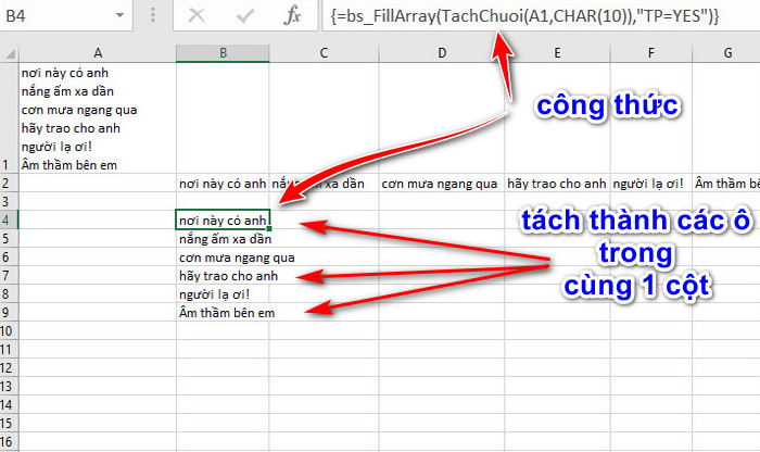 chuỗi được tách ra thành các ô nằm dọc