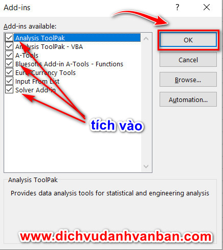 tích chọn các Add-ins