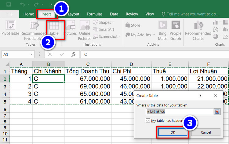 tạo table trong excel