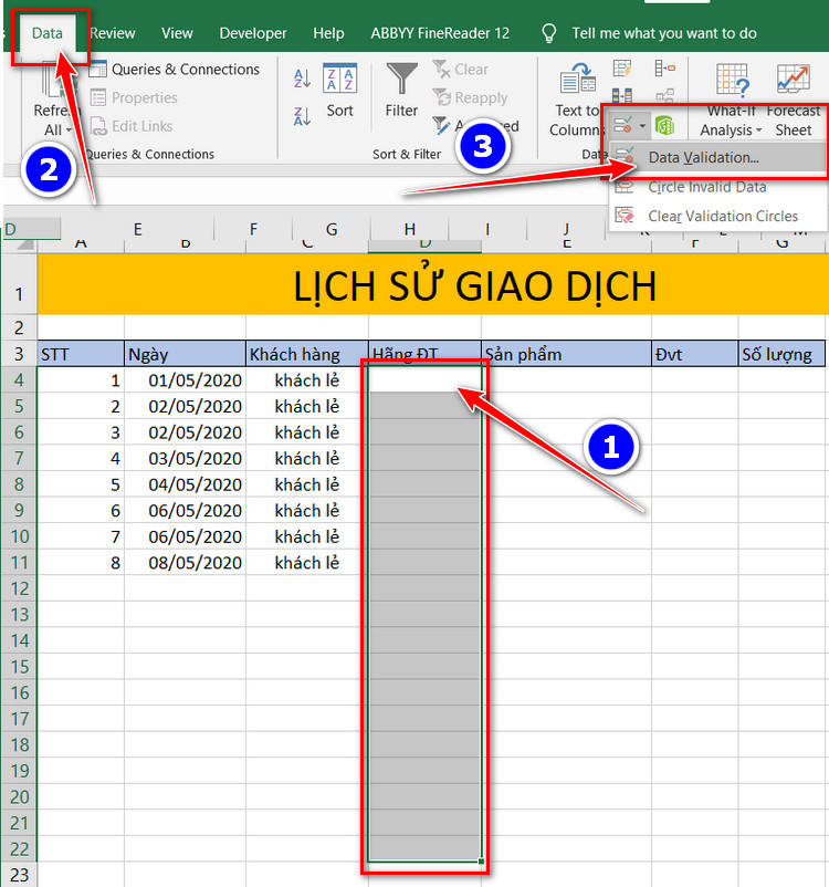 tạo Data validation