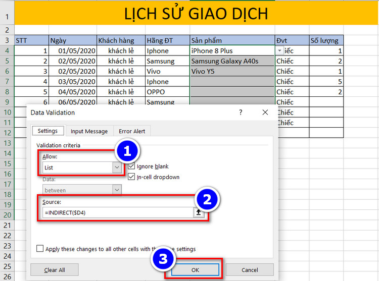 tạo list chọn phụ thuộc