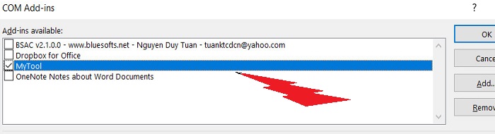 Hộp thoại COM Add-ins