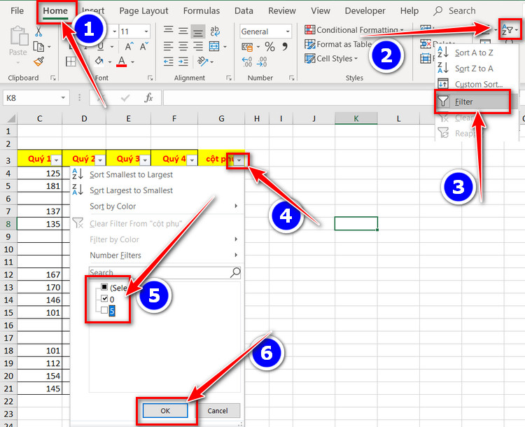 tạo bộ lọc trong excel