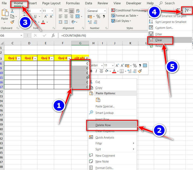 xóa hàng trống trong excel