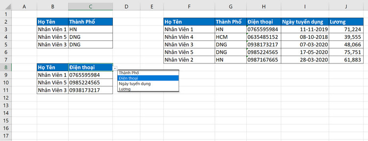 kết quả sử dụng vlookup cùng sheet