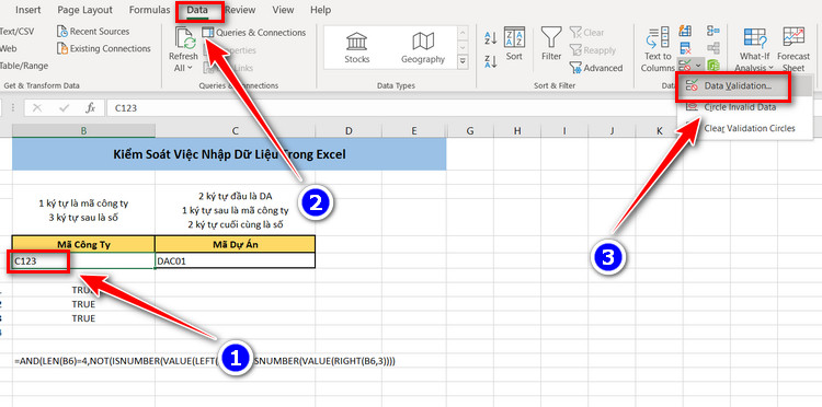 mở data validation cho mã công ty