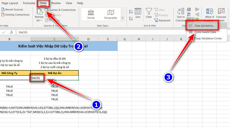mở data validation cho mã dự án