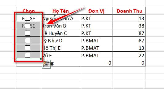 chọn cột chứa checkbox