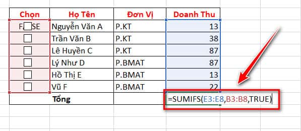 hàm tính tổng doanh thu theo điều kiện