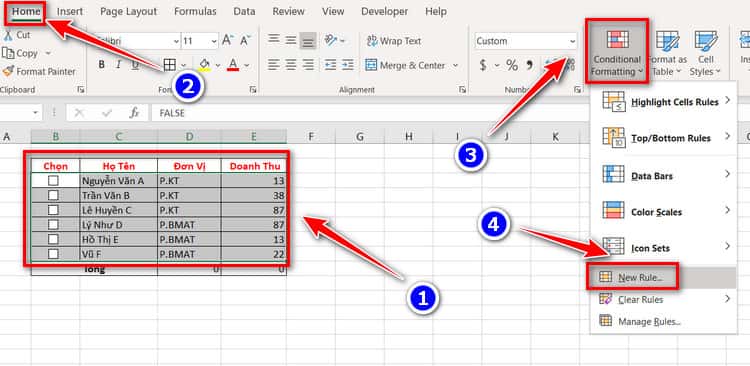 mở hợp thoại conditional formatting