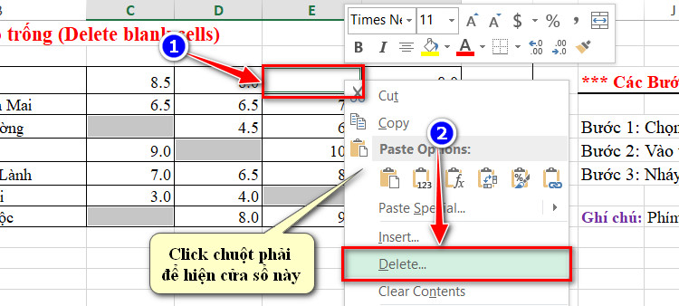 chuột phải chọn detele