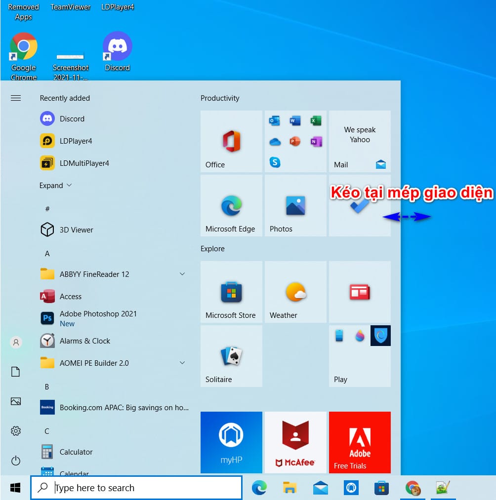 hình thay đổi kích thước menu start
