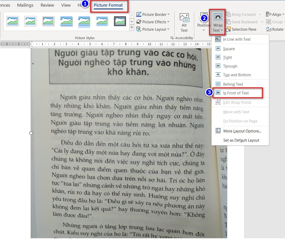 hình chọn vào chế độ in front of text