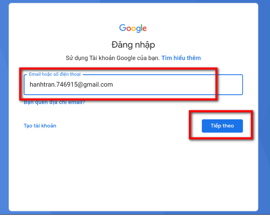 nhập email và nhận tiếp theo