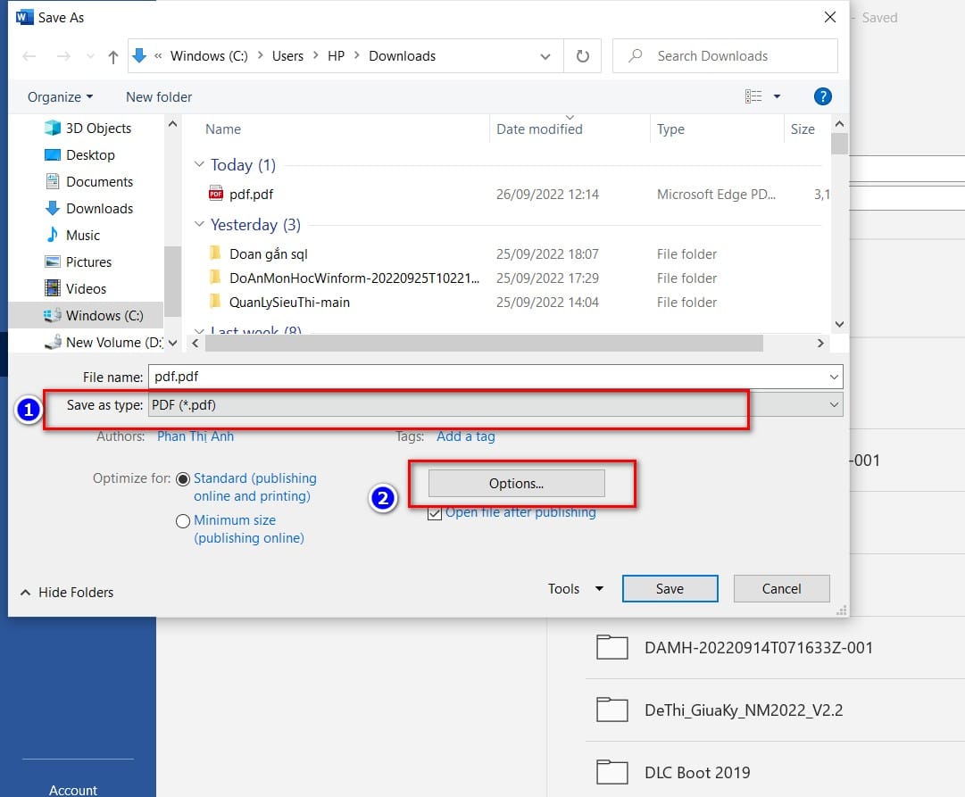 hình đổi đuôi file và chọn options