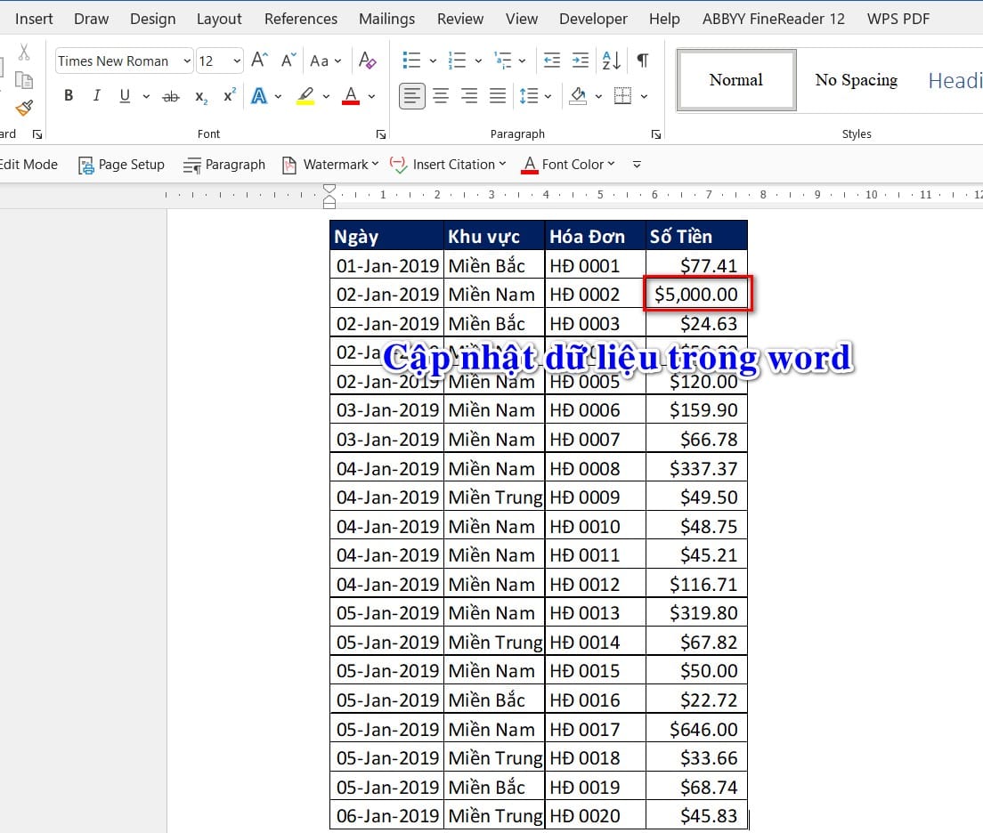 cập nhật dữ liệu trong word