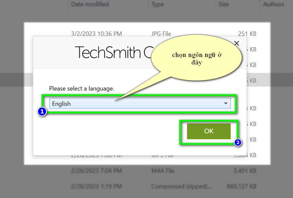 chọn ngôn ngữ cho camtasia